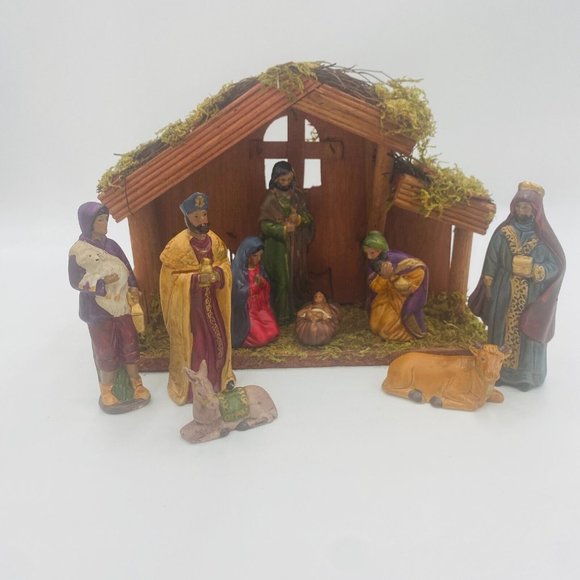 Elements Ceramic Dark Ethnic Nativity Set with Wooden Manger Figurines Set of 10 - Picture 1 of 12